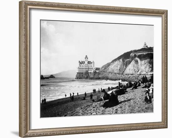 Crowds Enjoy the Beach Below the Cliff House-null-Framed Photographic Print