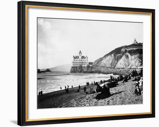 Crowds Enjoy the Beach Below the Cliff House-null-Framed Photographic Print