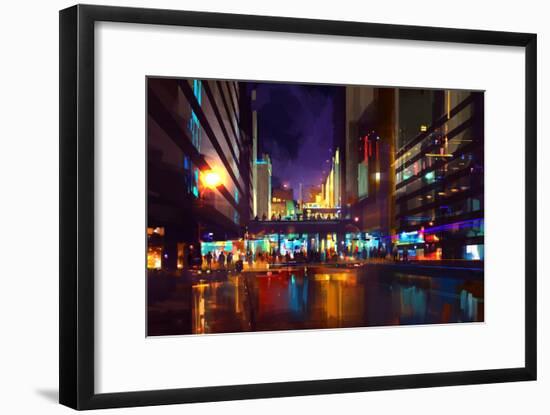 Crowds of People at a Busy Crossing in the Night with Neon Lights,Digital Painting-Tithi Luadthong-Framed Art Print