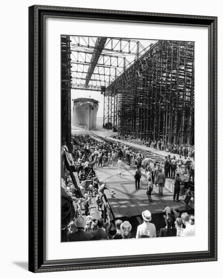 Crowds Watching Launching of New Ocean Liner, America, as in Slides into the Water-Alfred Eisenstaedt-Framed Photographic Print