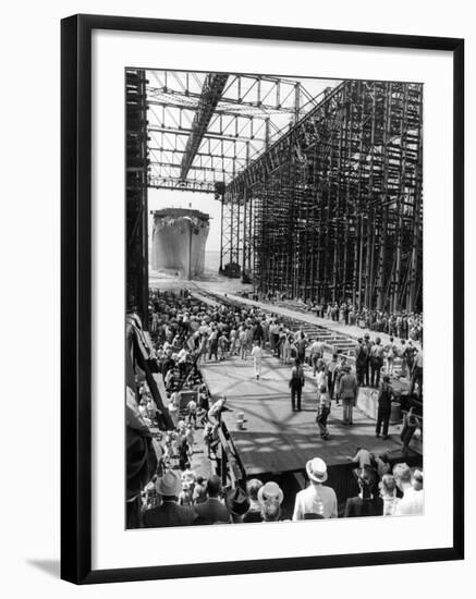 Crowds Watching Launching of New Ocean Liner, America, as in Slides into the Water-Alfred Eisenstaedt-Framed Photographic Print