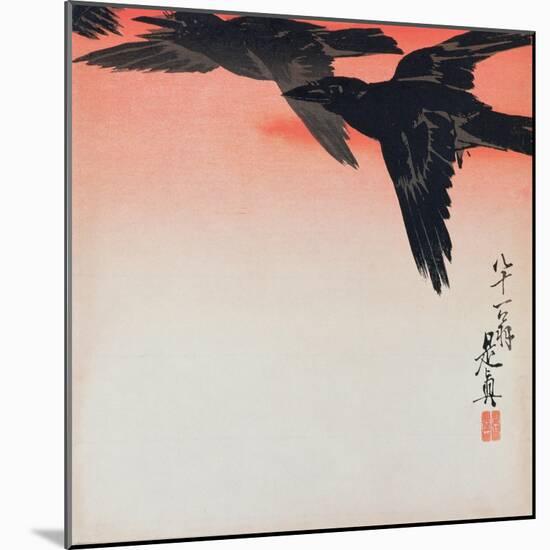 Crows in Flight in a Red Sky-Shibata Zeshin-Mounted Giclee Print
