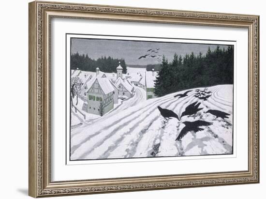 Crows Search for Food in the Snow in Fields on the Outskirts of a German Village-Walther Georgi-Framed Art Print