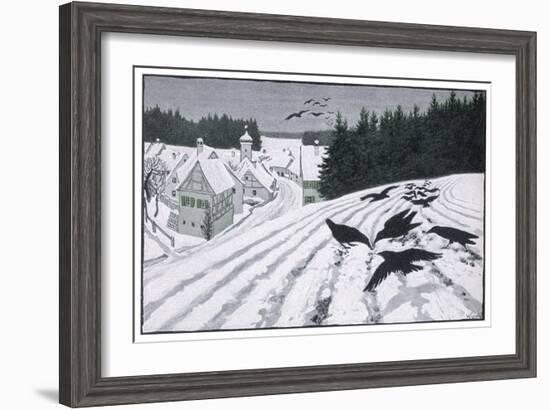 Crows Search for Food in the Snow in Fields on the Outskirts of a German Village-Walther Georgi-Framed Art Print