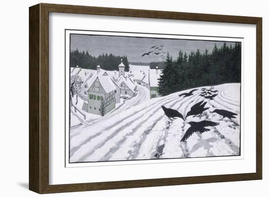 Crows Search for Food in the Snow in Fields on the Outskirts of a German Village-Walther Georgi-Framed Art Print