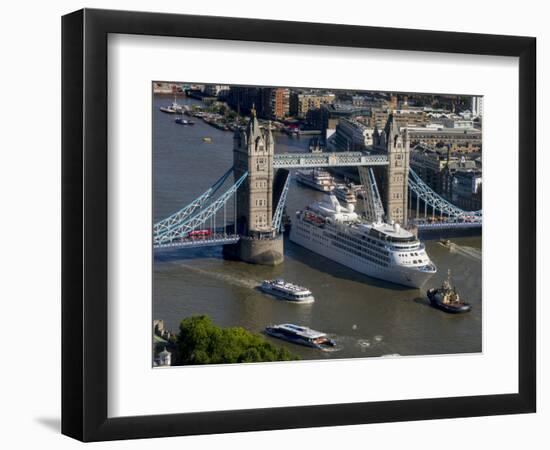 Cruise liner passes through opened Tower Bridge, London-Charles Bowman-Framed Photographic Print