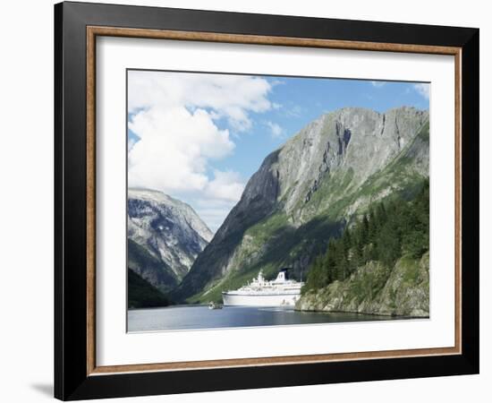 Cruise Ship at Gudvangen, Naeroyfjorden, Unesco World Heritage Site, Western Fiordlands, Norway-Tony Waltham-Framed Photographic Print