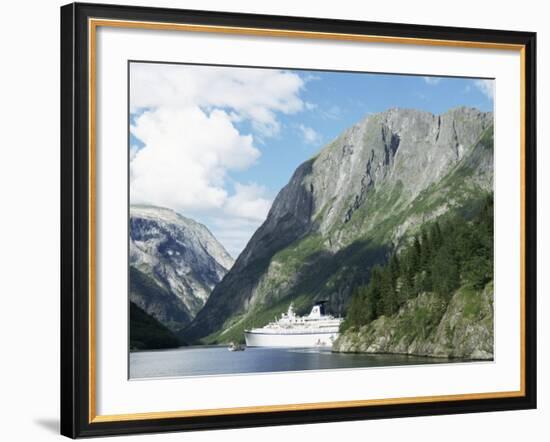 Cruise Ship at Gudvangen, Naeroyfjorden, Unesco World Heritage Site, Western Fiordlands, Norway-Tony Waltham-Framed Photographic Print