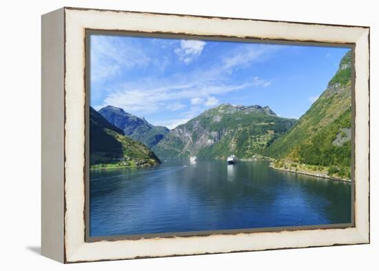 Cruiseships Moored at the Head of Geirangerfjord by the Village of Geiranger, Norway, Scandinavia-Amanda Hall-Framed Premier Image Canvas