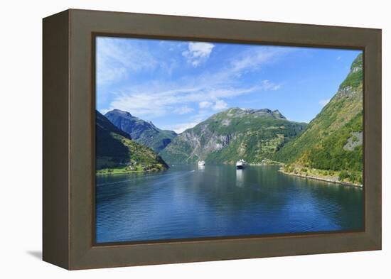Cruiseships Moored at the Head of Geirangerfjord by the Village of Geiranger, Norway, Scandinavia-Amanda Hall-Framed Premier Image Canvas