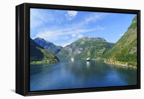 Cruiseships Moored at the Head of Geirangerfjord by the Village of Geiranger, Norway, Scandinavia-Amanda Hall-Framed Premier Image Canvas