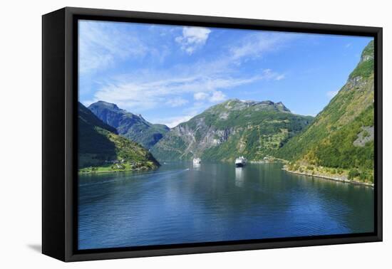 Cruiseships Moored at the Head of Geirangerfjord by the Village of Geiranger, Norway, Scandinavia-Amanda Hall-Framed Premier Image Canvas