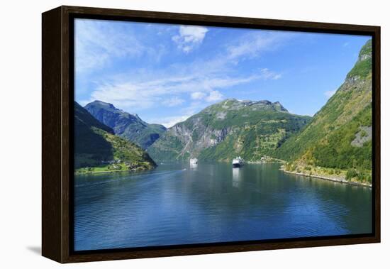 Cruiseships Moored at the Head of Geirangerfjord by the Village of Geiranger, Norway, Scandinavia-Amanda Hall-Framed Premier Image Canvas