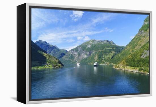 Cruiseships Moored at the Head of Geirangerfjord by the Village of Geiranger, Norway, Scandinavia-Amanda Hall-Framed Premier Image Canvas