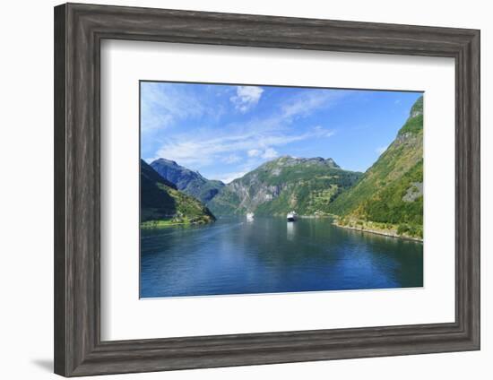 Cruiseships Moored at the Head of Geirangerfjord by the Village of Geiranger, Norway, Scandinavia-Amanda Hall-Framed Photographic Print