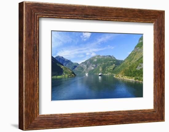 Cruiseships Moored at the Head of Geirangerfjord by the Village of Geiranger, Norway, Scandinavia-Amanda Hall-Framed Photographic Print