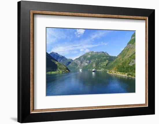 Cruiseships Moored at the Head of Geirangerfjord by the Village of Geiranger, Norway, Scandinavia-Amanda Hall-Framed Photographic Print