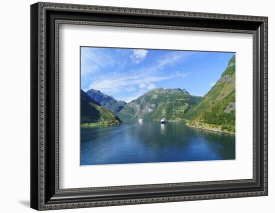 Cruiseships Moored at the Head of Geirangerfjord by the Village of Geiranger, Norway, Scandinavia-Amanda Hall-Framed Photographic Print