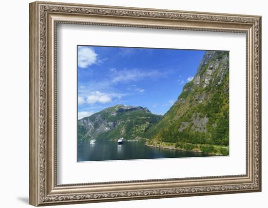 Cruiseships Moored at the Head of Geirangerfjord by the Village of Geiranger, Norway, Scandinavia-Amanda Hall-Framed Photographic Print