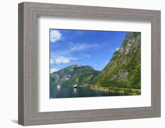 Cruiseships Moored at the Head of Geirangerfjord by the Village of Geiranger, Norway, Scandinavia-Amanda Hall-Framed Photographic Print