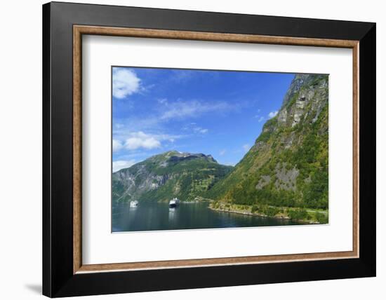 Cruiseships Moored at the Head of Geirangerfjord by the Village of Geiranger, Norway, Scandinavia-Amanda Hall-Framed Photographic Print