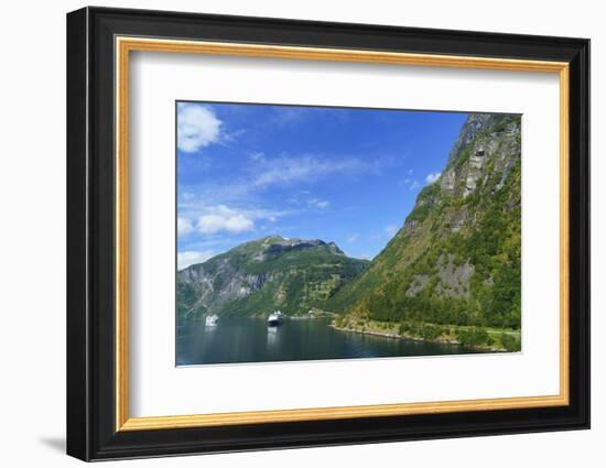 Cruiseships Moored at the Head of Geirangerfjord by the Village of Geiranger, Norway, Scandinavia-Amanda Hall-Framed Photographic Print