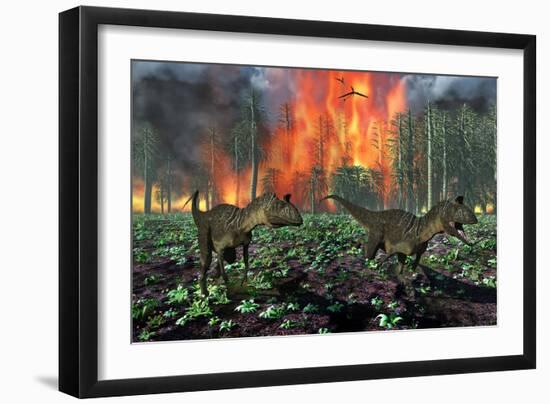 Cryolophosaurus Dinosaurs Fleeing from a Deadly Forest Fire-null-Framed Art Print