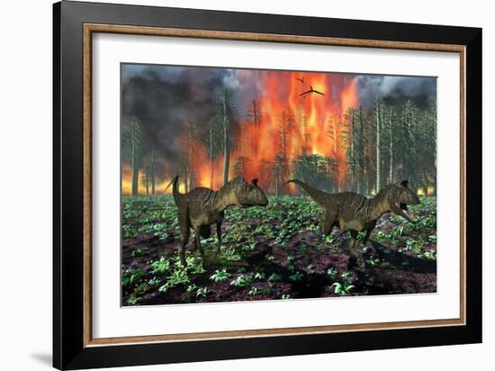 Cryolophosaurus Dinosaurs Fleeing from a Deadly Forest Fire-null-Framed Art Print