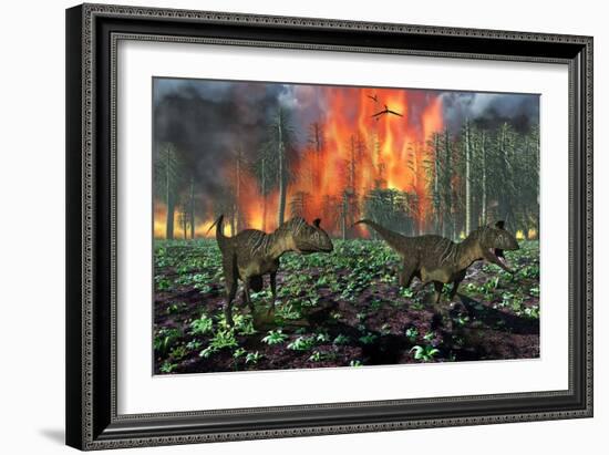 Cryolophosaurus Dinosaurs Fleeing from a Deadly Forest Fire-null-Framed Art Print