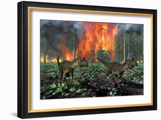 Cryolophosaurus Dinosaurs Fleeing from a Deadly Forest Fire-null-Framed Art Print