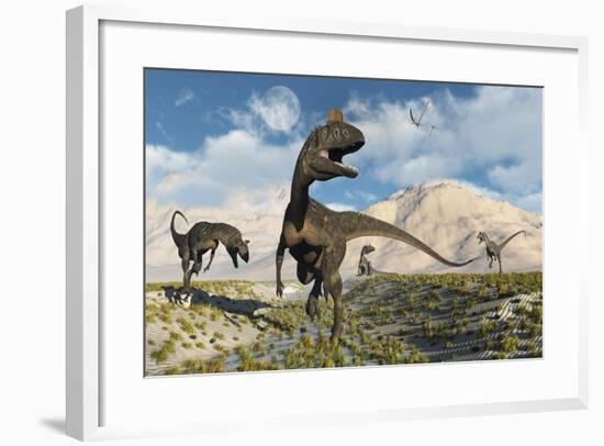 Cryolophosaurus Dinosaurs Roaming During the Jurassic Period-Stocktrek Images-Framed Art Print