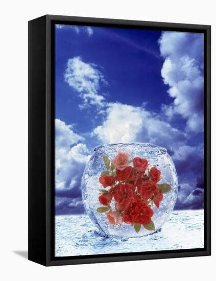 Crystal Round Vase Filled with Ice And Red Roses Resting on Seashore-null-Framed Premier Image Canvas