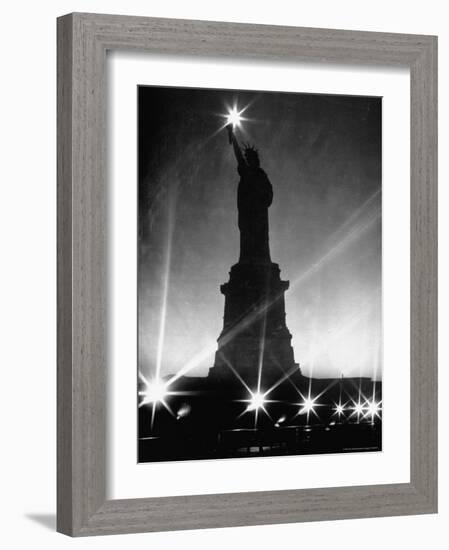 Crystalline Lights Surrounding Statue of Liberty during WWII Blackout-Andreas Feininger-Framed Photographic Print