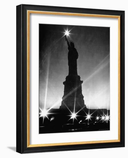 Crystalline Lights Surrounding Statue of Liberty during WWII Blackout-Andreas Feininger-Framed Photographic Print