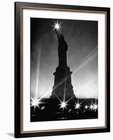 Crystalline Lights Surrounding Statue of Liberty during WWII Blackout-Andreas Feininger-Framed Photographic Print