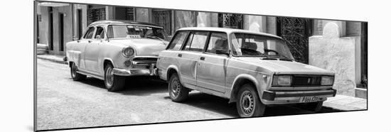 Cuba Fuerte Collection Panoramic BW - Two Old Cars in Havana-Philippe Hugonnard-Mounted Photographic Print