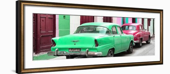 Cuba Fuerte Collection Panoramic - Classic American Cars - Green & Rasberry-Philippe Hugonnard-Framed Photographic Print