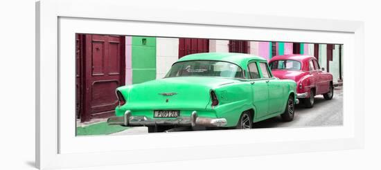 Cuba Fuerte Collection Panoramic - Classic American Cars - Green & Rasberry-Philippe Hugonnard-Framed Photographic Print