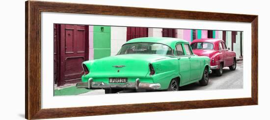 Cuba Fuerte Collection Panoramic - Classic American Cars - Green & Rasberry-Philippe Hugonnard-Framed Photographic Print