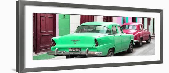 Cuba Fuerte Collection Panoramic - Classic American Cars - Green & Rasberry-Philippe Hugonnard-Framed Photographic Print