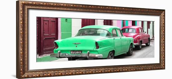 Cuba Fuerte Collection Panoramic - Classic American Cars - Green & Rasberry-Philippe Hugonnard-Framed Photographic Print