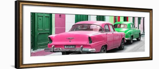 Cuba Fuerte Collection Panoramic - Classic American Cars - Pink & Green-Philippe Hugonnard-Framed Photographic Print