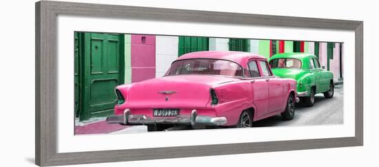 Cuba Fuerte Collection Panoramic - Classic American Cars - Pink & Green-Philippe Hugonnard-Framed Photographic Print