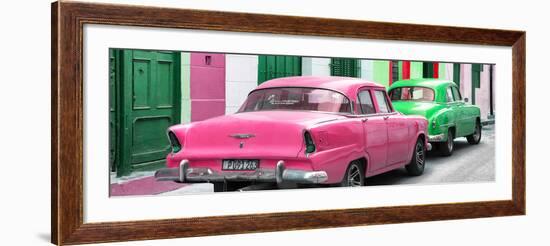 Cuba Fuerte Collection Panoramic - Classic American Cars - Pink & Green-Philippe Hugonnard-Framed Photographic Print