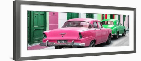 Cuba Fuerte Collection Panoramic - Classic American Cars - Pink & Green-Philippe Hugonnard-Framed Photographic Print