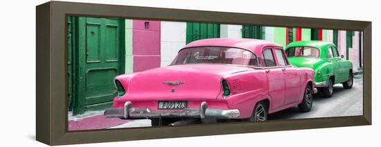 Cuba Fuerte Collection Panoramic - Classic American Cars - Pink & Green-Philippe Hugonnard-Framed Stretched Canvas