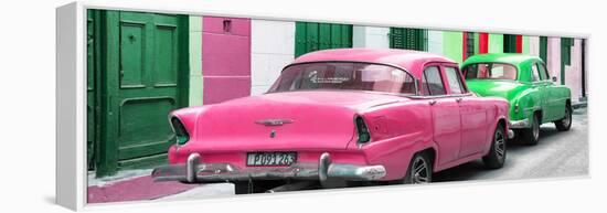 Cuba Fuerte Collection Panoramic - Classic American Cars - Pink & Green-Philippe Hugonnard-Framed Stretched Canvas