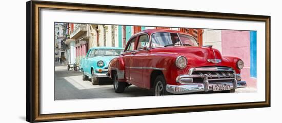 Cuba Fuerte Collection Panoramic - Two Chevrolet Cars Red and Turquoise-Philippe Hugonnard-Framed Photographic Print