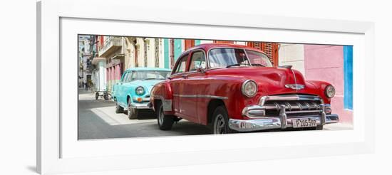 Cuba Fuerte Collection Panoramic - Two Chevrolet Cars Red and Turquoise-Philippe Hugonnard-Framed Photographic Print