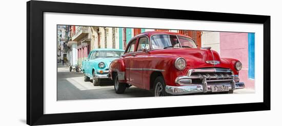 Cuba Fuerte Collection Panoramic - Two Chevrolet Cars Red and Turquoise-Philippe Hugonnard-Framed Photographic Print